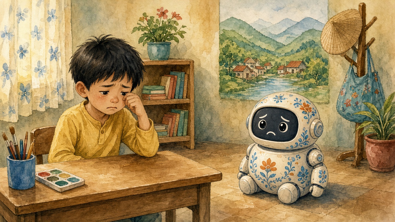 Bạn nhỏ khóc thật; robot chỉ có mặt buồn vẽ sẵn.