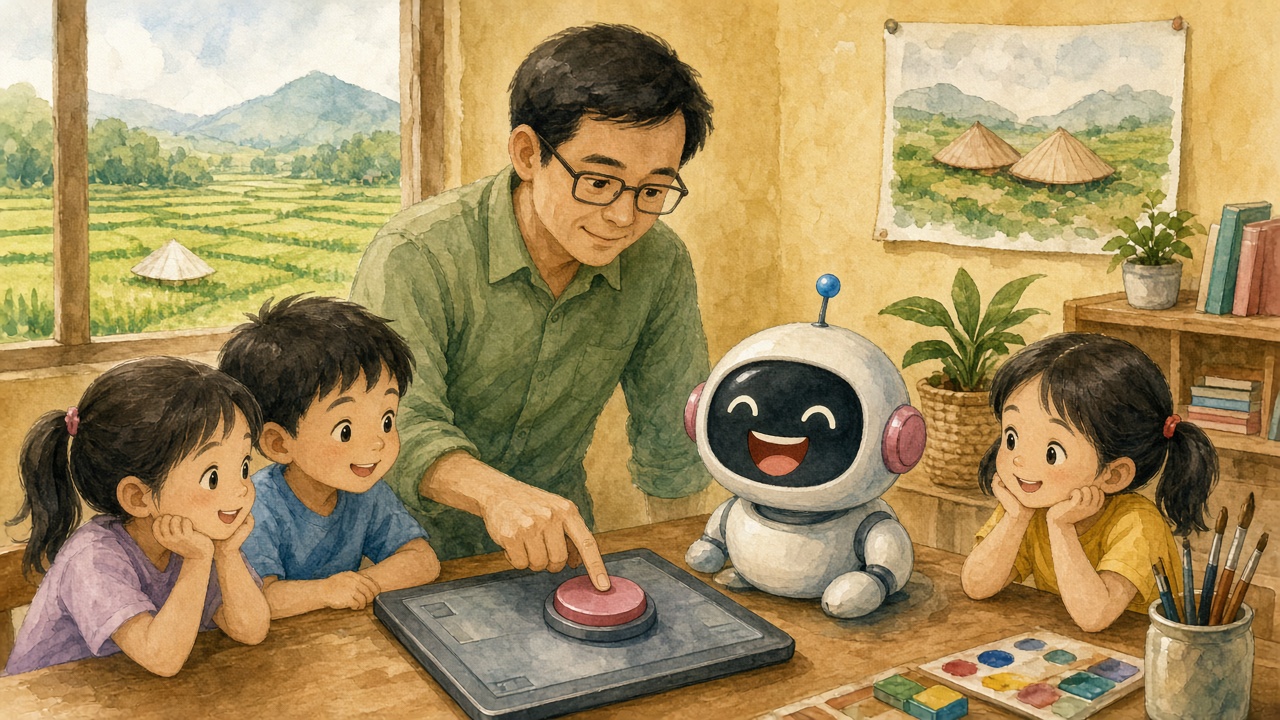 Người lớn bấm máy, robot hiện nụ cười đã được lập trình.