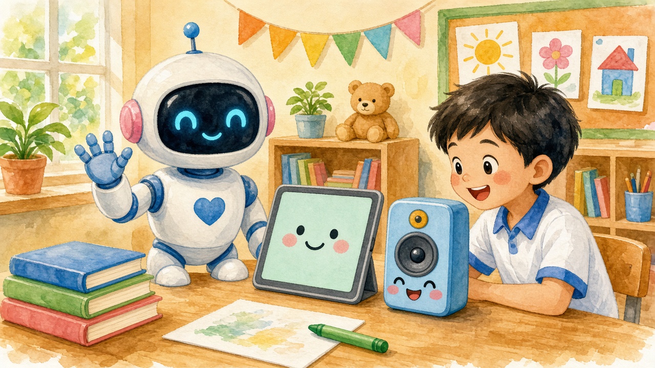 Robot vẫy tay, màn hình mặt cười, loa giọng thân thiện.