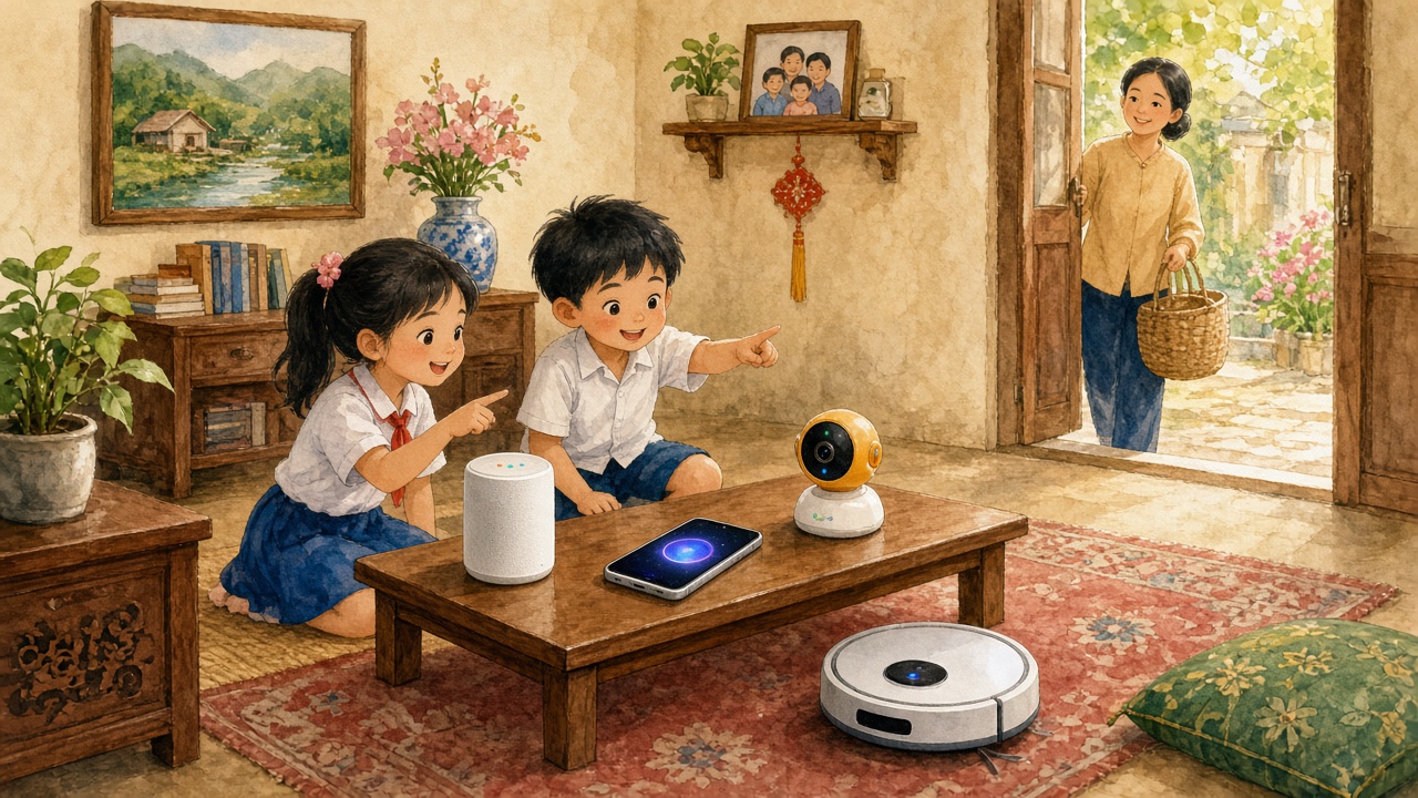 Phòng khách có loa thông minh, robot hút bụi, điện thoại trợ lí, camera.