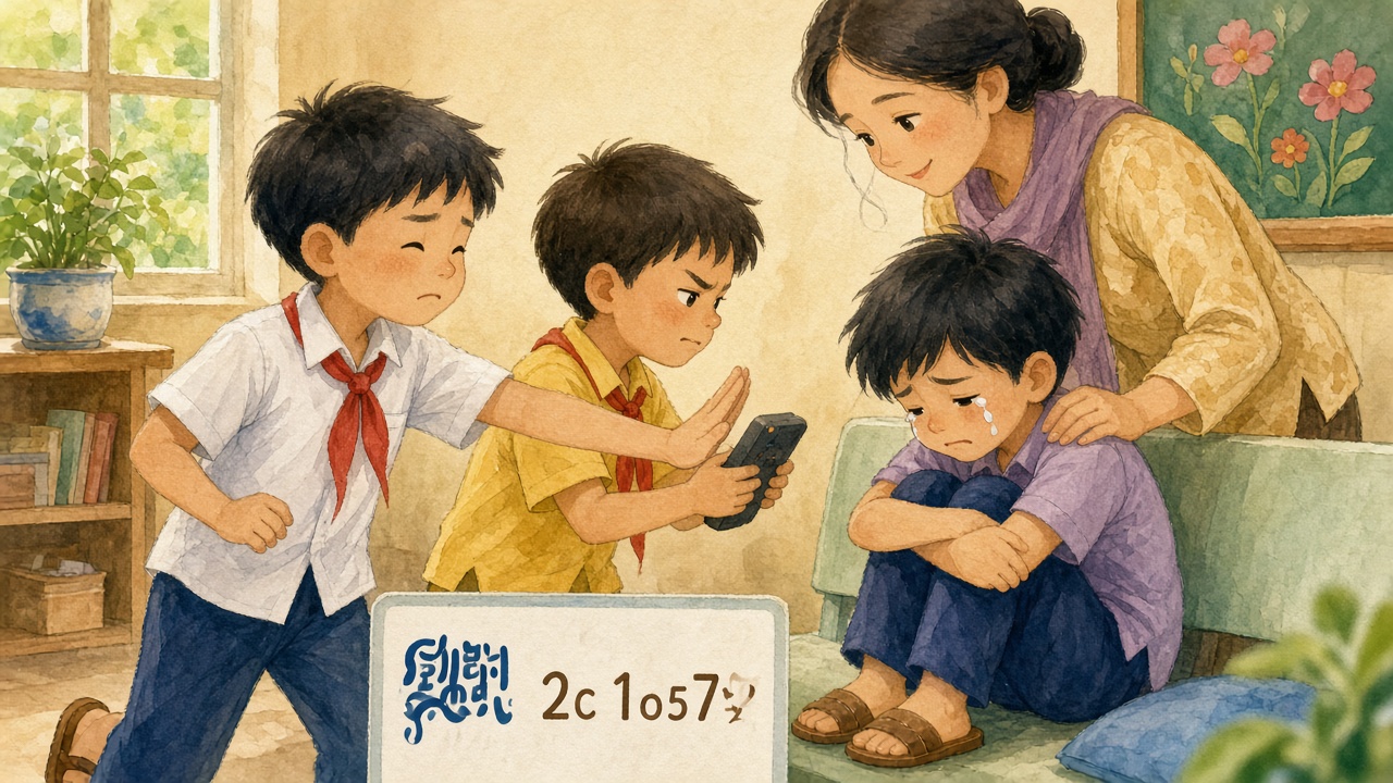 Bạn nhỏ ngăn bạn khác dùng máy để trêu chọc.