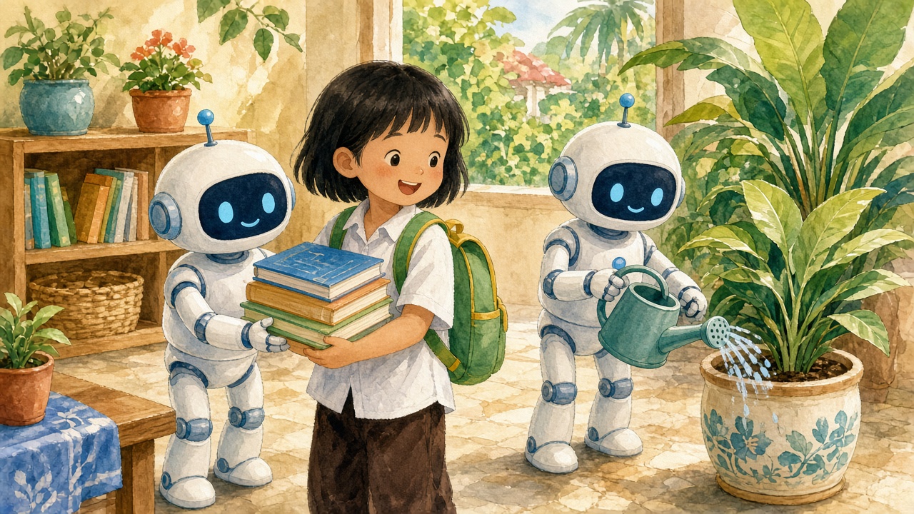 Robot giúp xách sách và tưới cây cùng học sinh.
