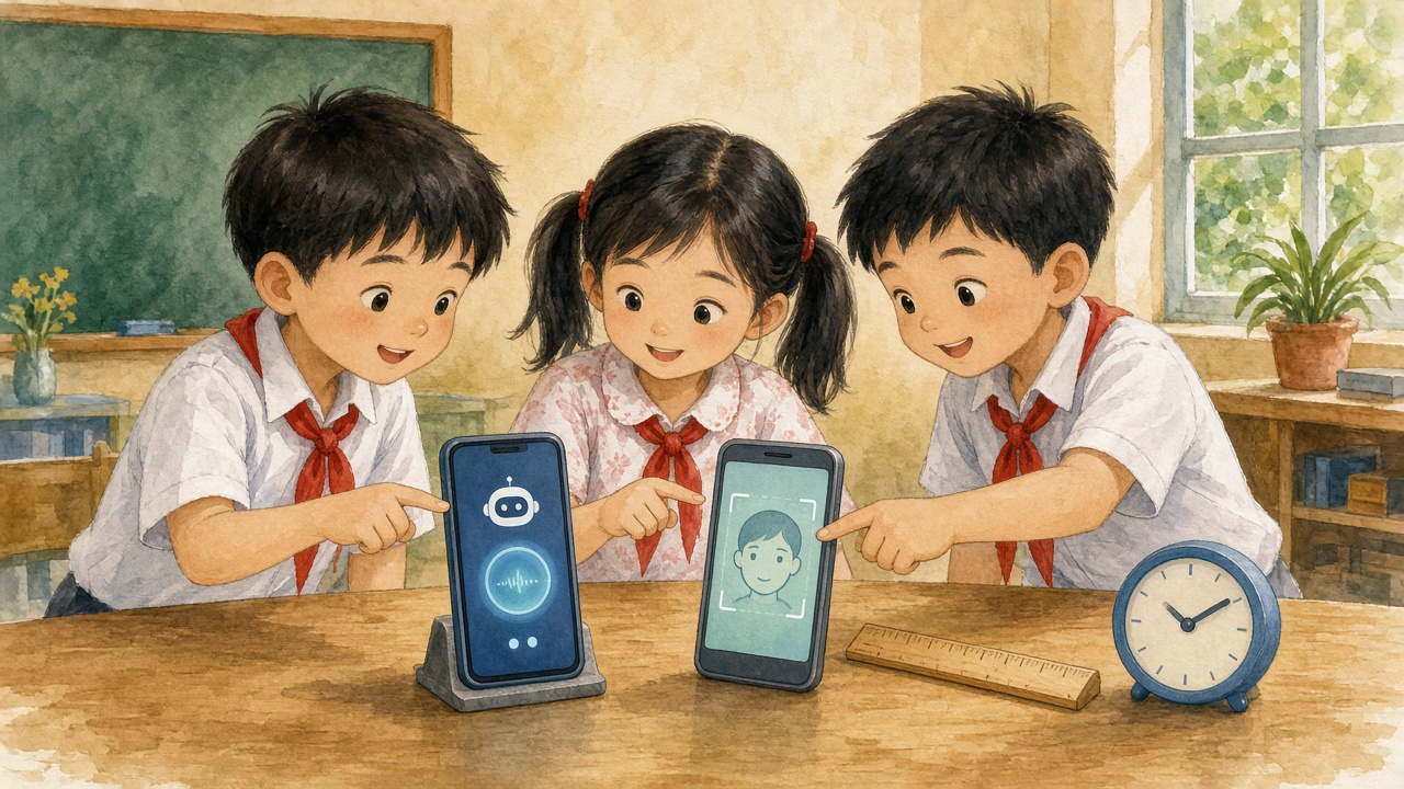 Học sinh so sánh thước kẻ, đồng hồ và điện thoại trợ lí.