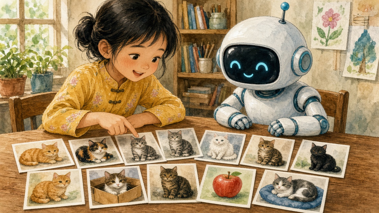 Nhiều ảnh mèo trên bàn, học sinh đưa cho robot học.