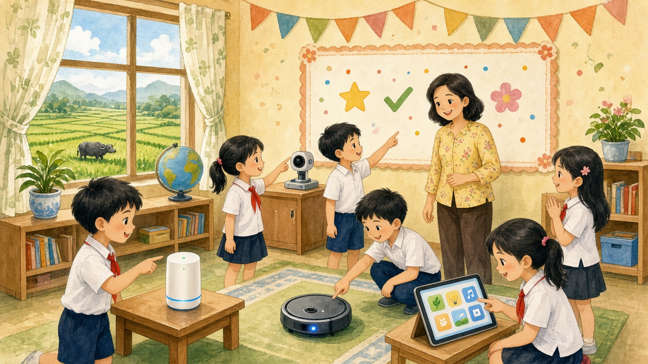 Học sinh lớp 1 chỉ các đồ thông minh trong lớp.