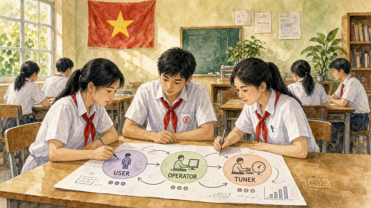 Học sinh và giáo viên xác định vai trò quanh một hệ thống điểm danh.