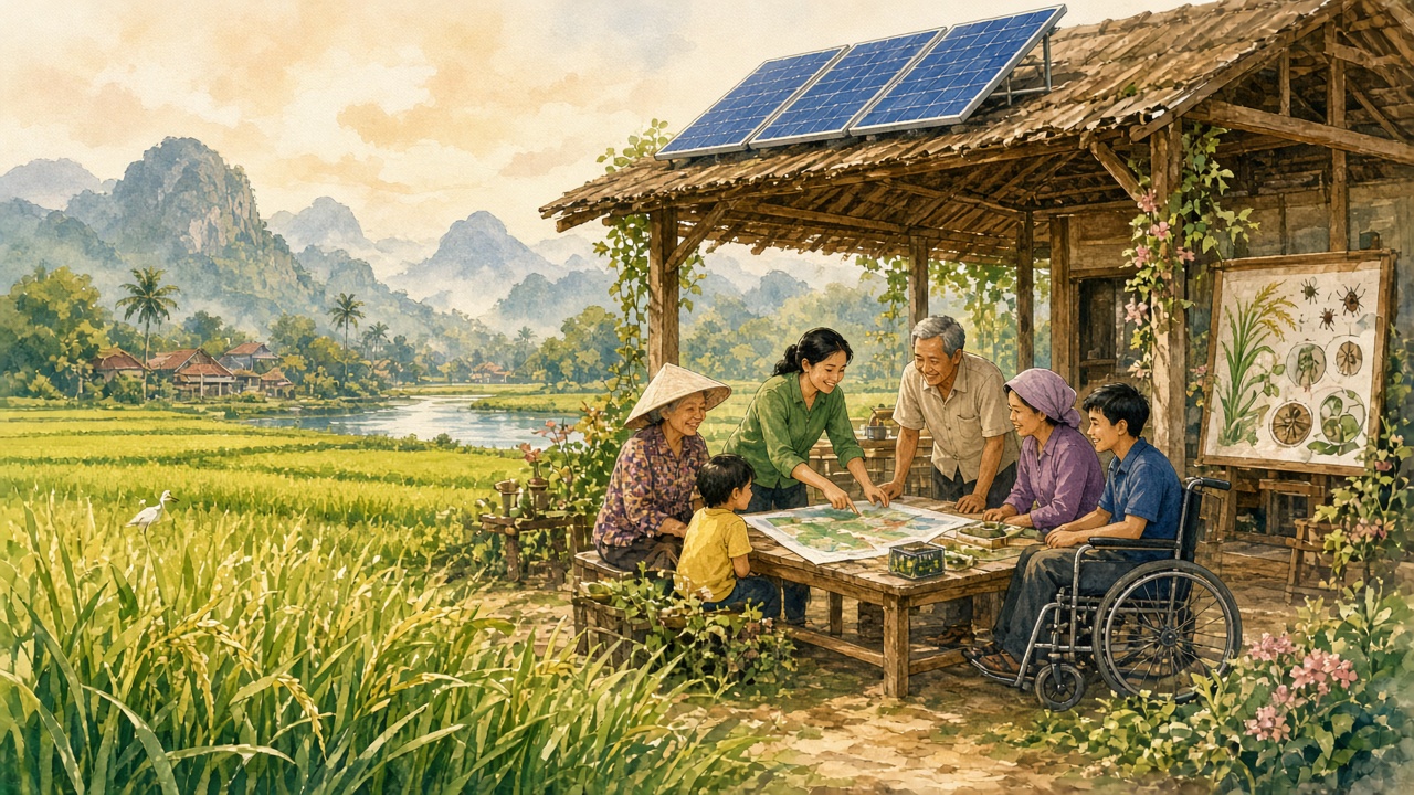 Cánh đồng lúa và trạm y tế: lợi ích lâu dài nếu dùng năng lượng hợp lí và không bỏ sót nhóm người.