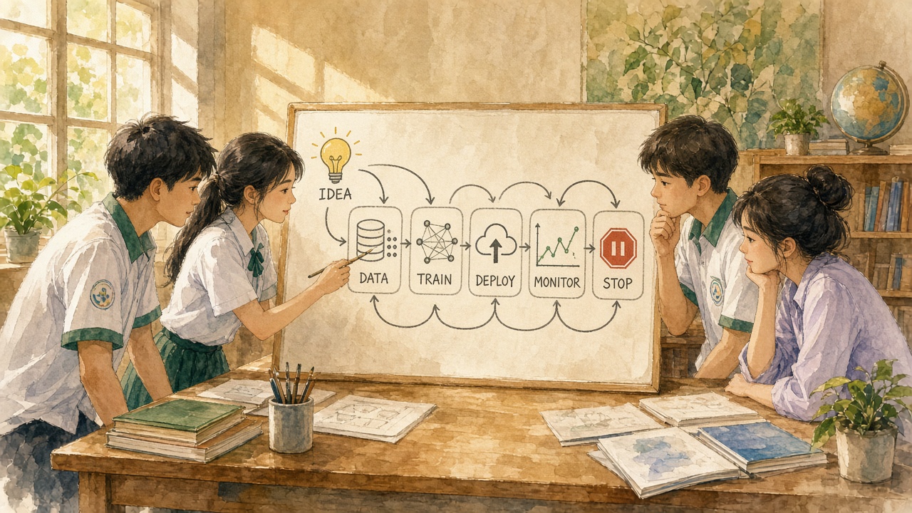 Vòng đời: ý tưởng — dữ liệu — huấn luyện — kiểm thử — triển khai — giám sát — dừng/tháo dỡ.