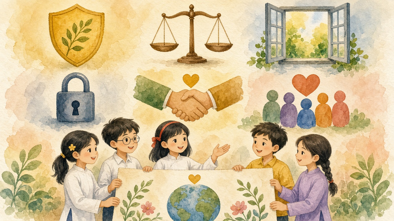 Sáu biểu tượng: khiên, cân, cửa sổ, khoá, bắt tay, cộng đồng.