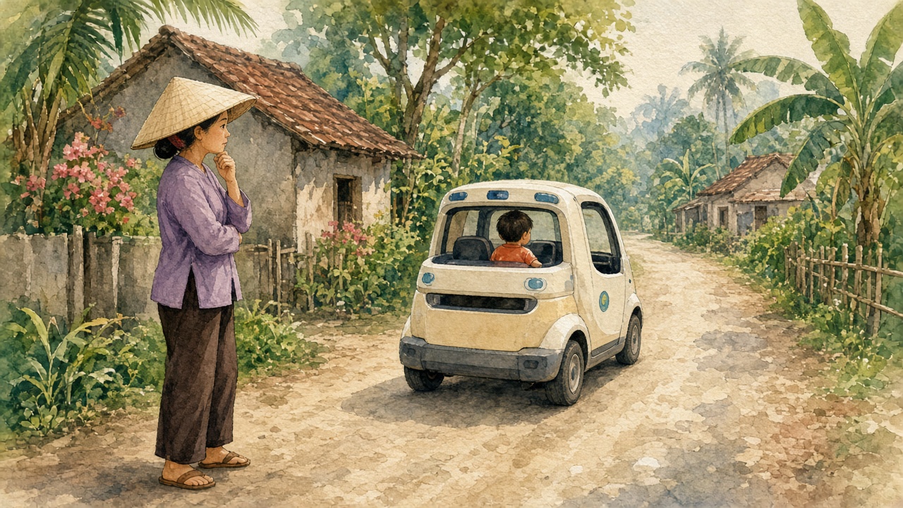 Người lớn vẫn quan sát khi xe tự lái trên đường làng.