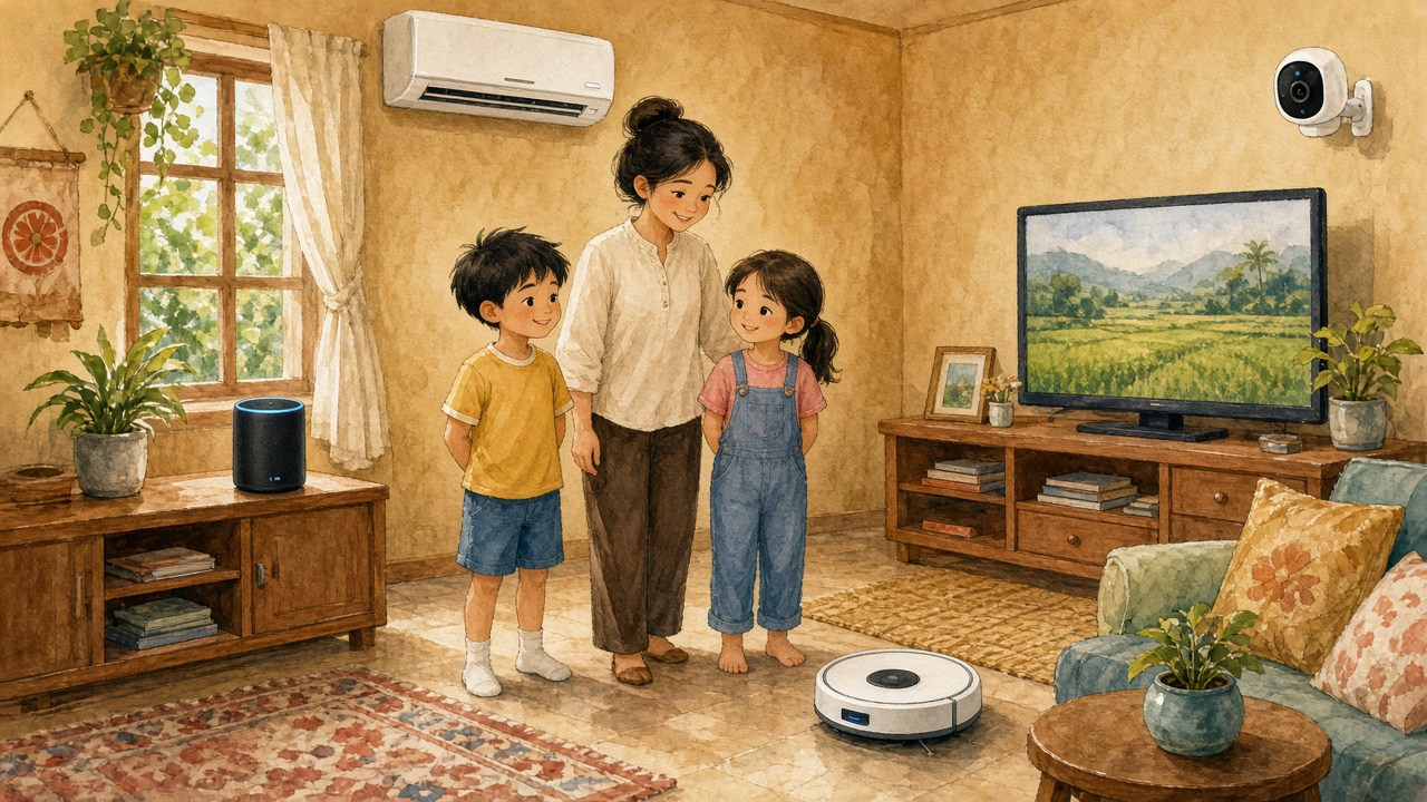 Gia đình có loa, robot hút bụi, điều hoà, camera, tivi; trẻ em chờ người lớn.