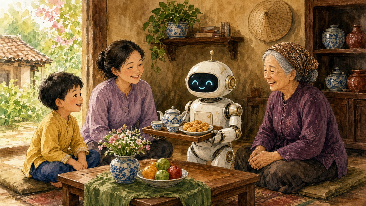 Ba thế hệ trong nhà được robot giúp bê khay.