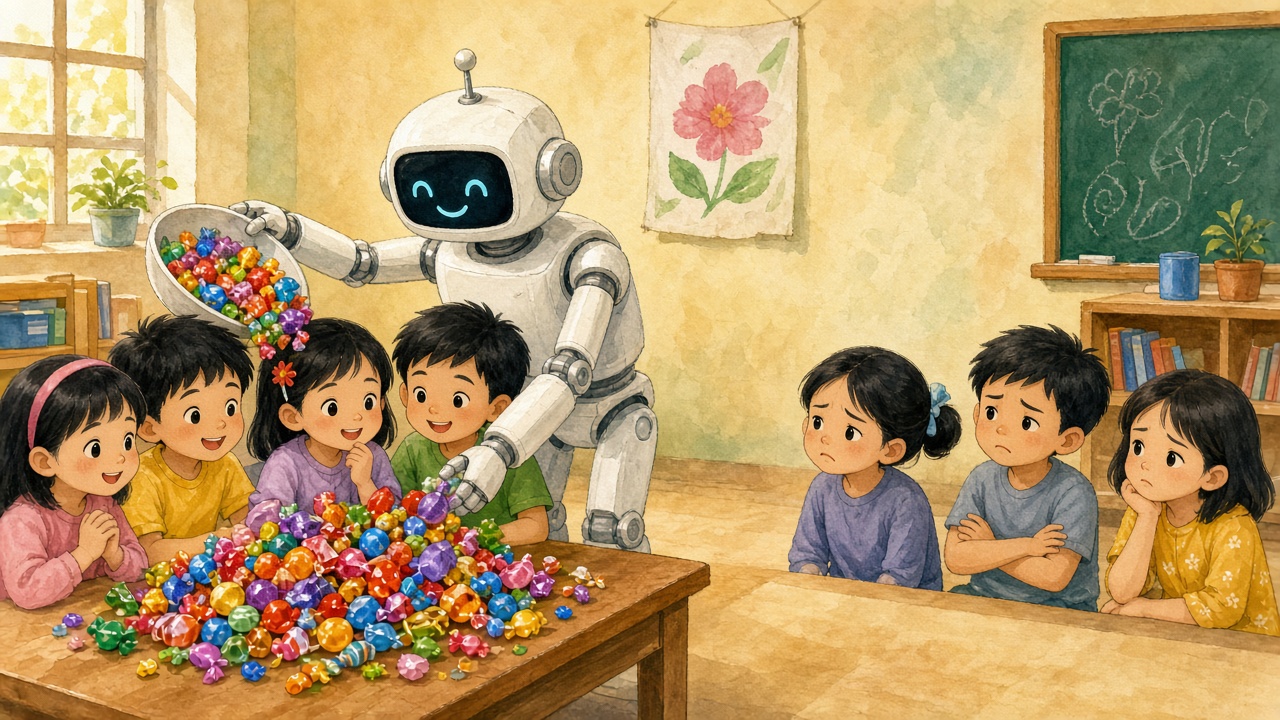 Robot chia kẹo lệch: một nhóm nhiều, một nhóm không có.