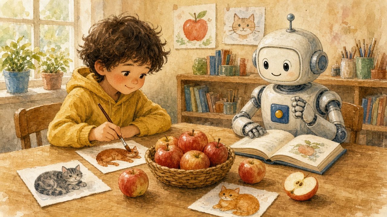 Ảnh mèo và táo trên bàn, trẻ dạy robot.