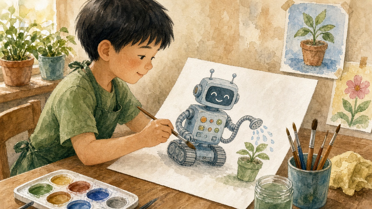 Học sinh vẽ robot tưới cây.