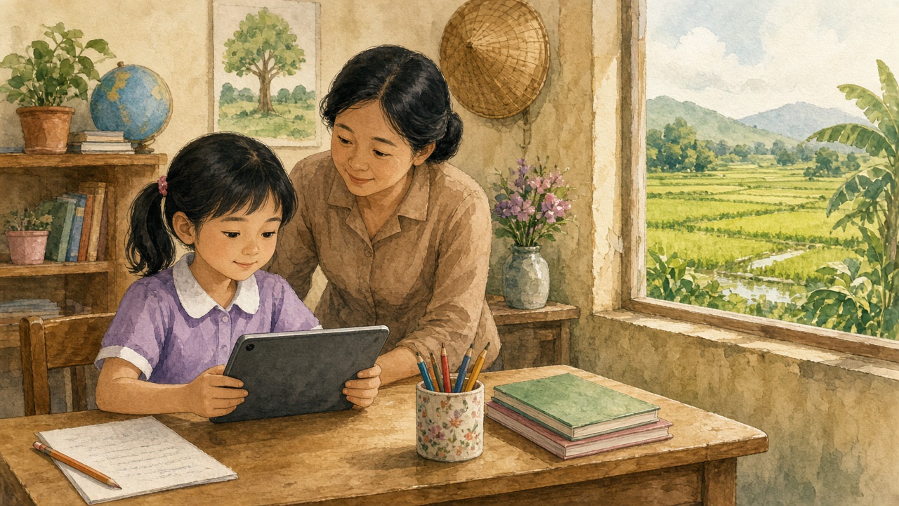 Học sinh luyện phát âm với ứng dụng, thầy cô giám sát.