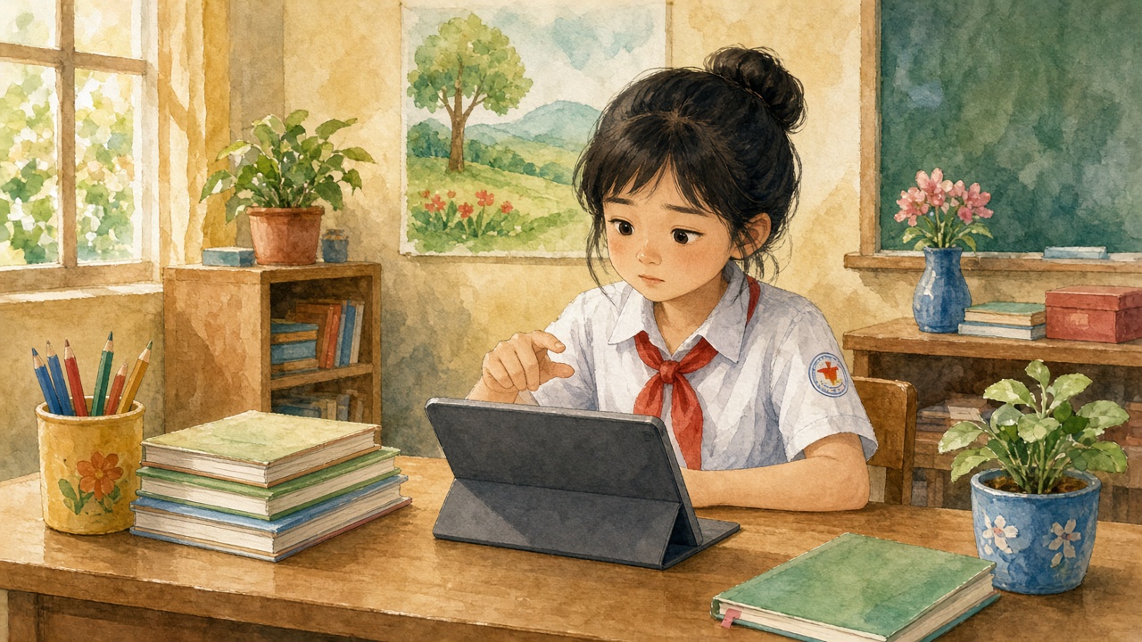 Học sinh giơ tay suy nghĩ trước khi chạm máy tính bảng.