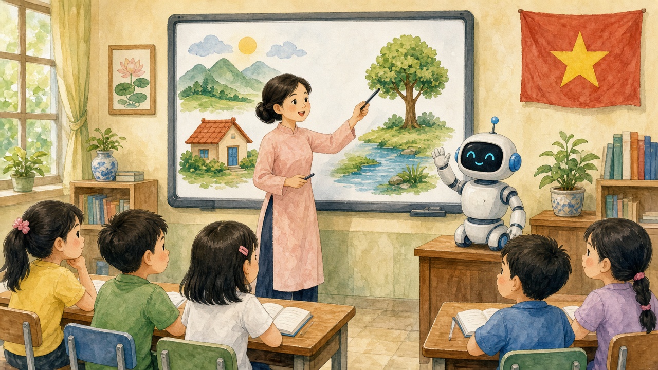 Lớp học có bảng tương tác và robot giáo dục, thầy cô điều khiển.