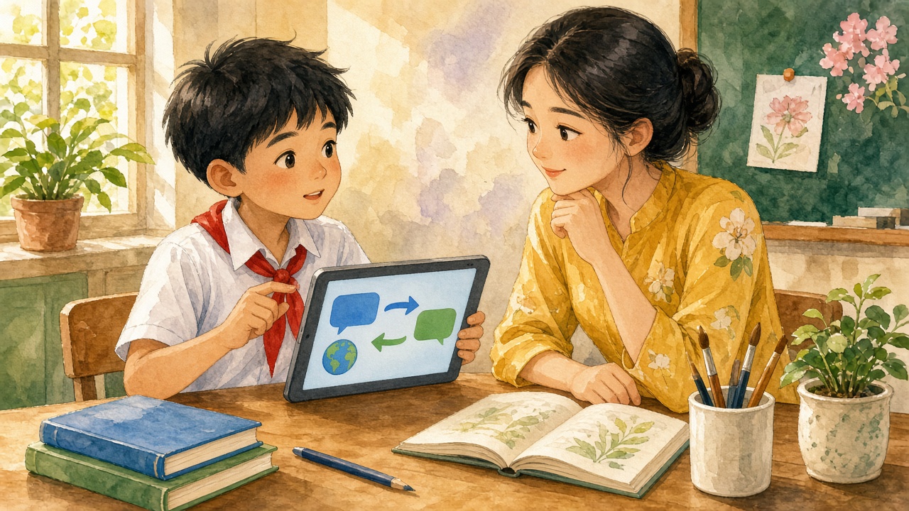 Học sinh đối chiếu câu dịch với sách và hỏi cô.