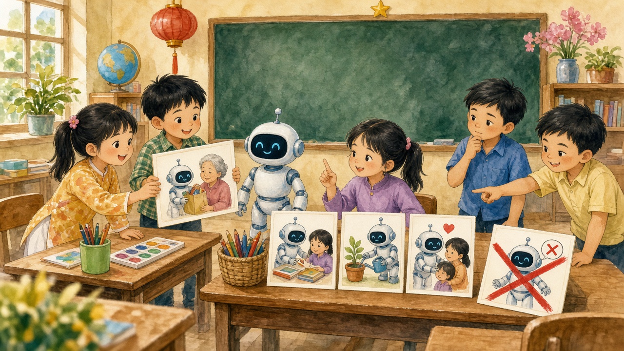 Học sinh chọn lời tốt khi nói với máy, không chọn lời bắt nạt.