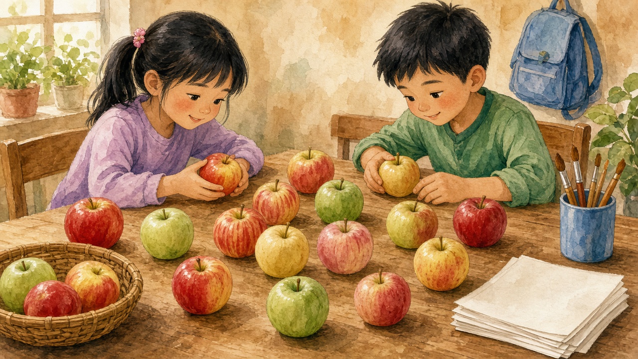 Nhiều ảnh táo khác nhau trên bàn học.