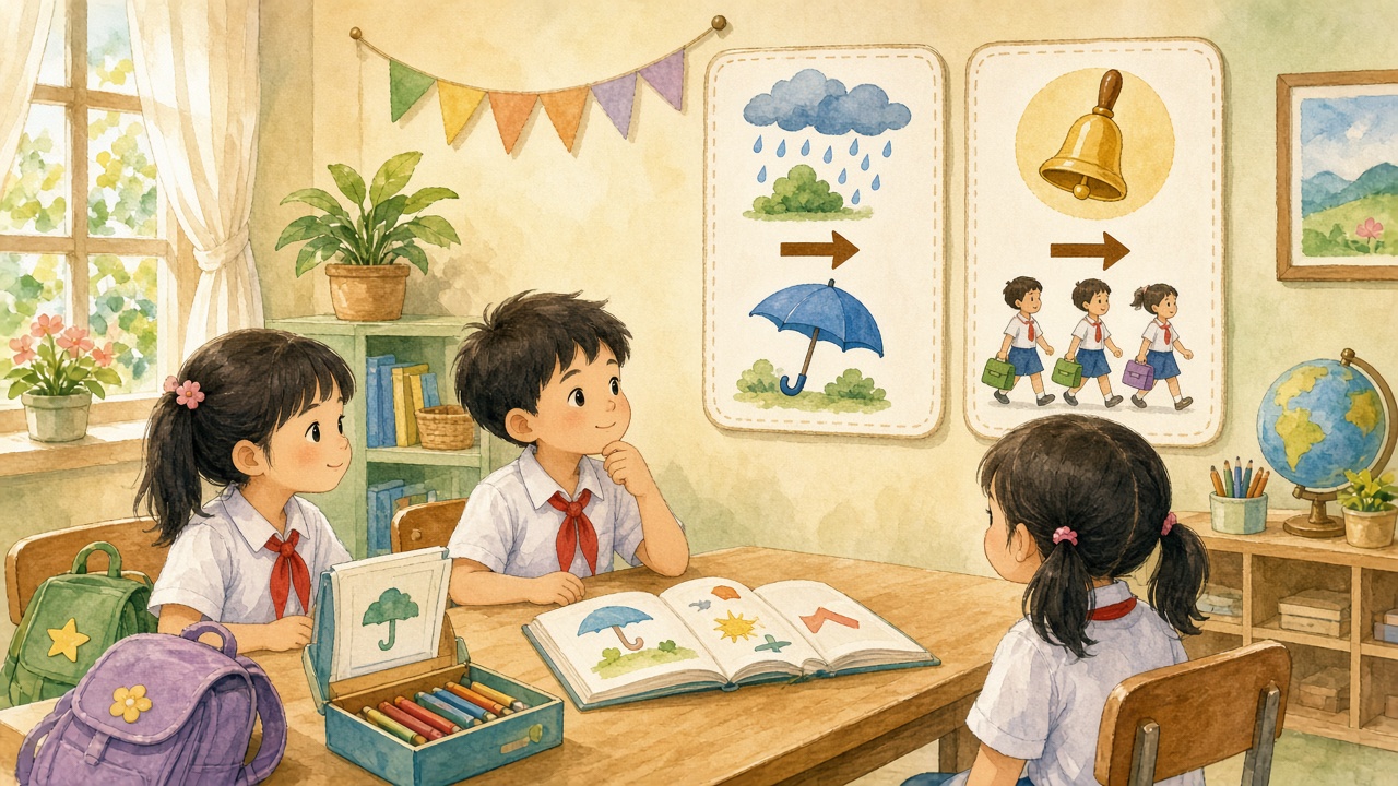 Bảng luật nếu–thì trong lớp, học sinh xếp thẻ.