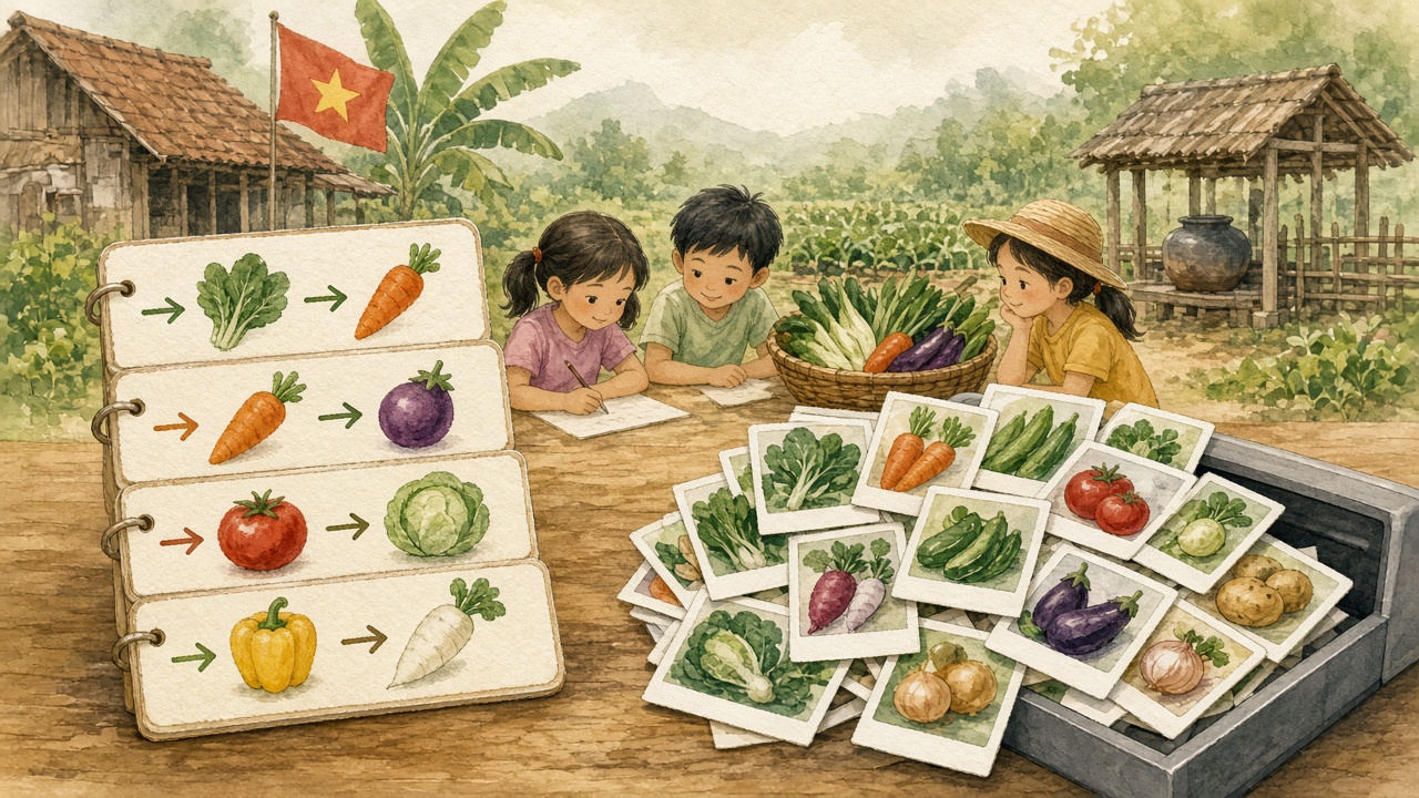 Một bên thẻ luật nếu–thì; một bên nhiều ảnh rau để máy học.