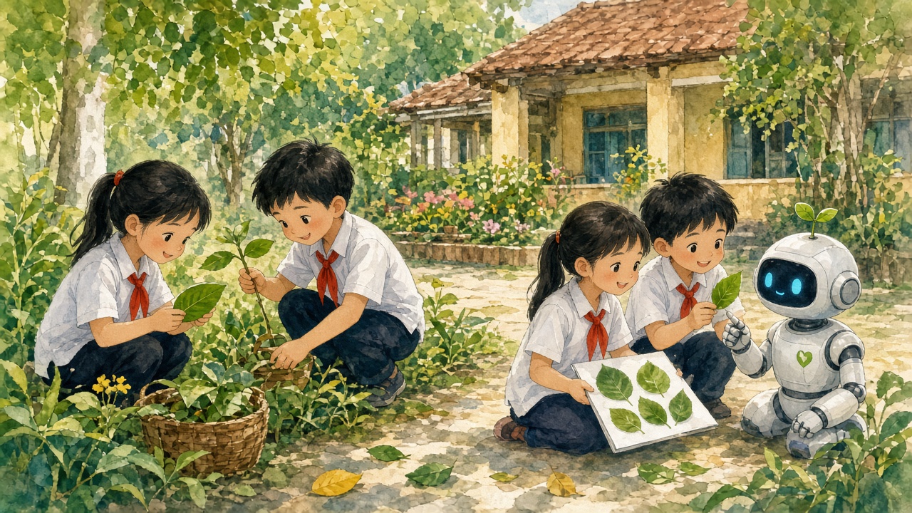 Học sinh thu thập lá mẫu rồi mới cho máy học.