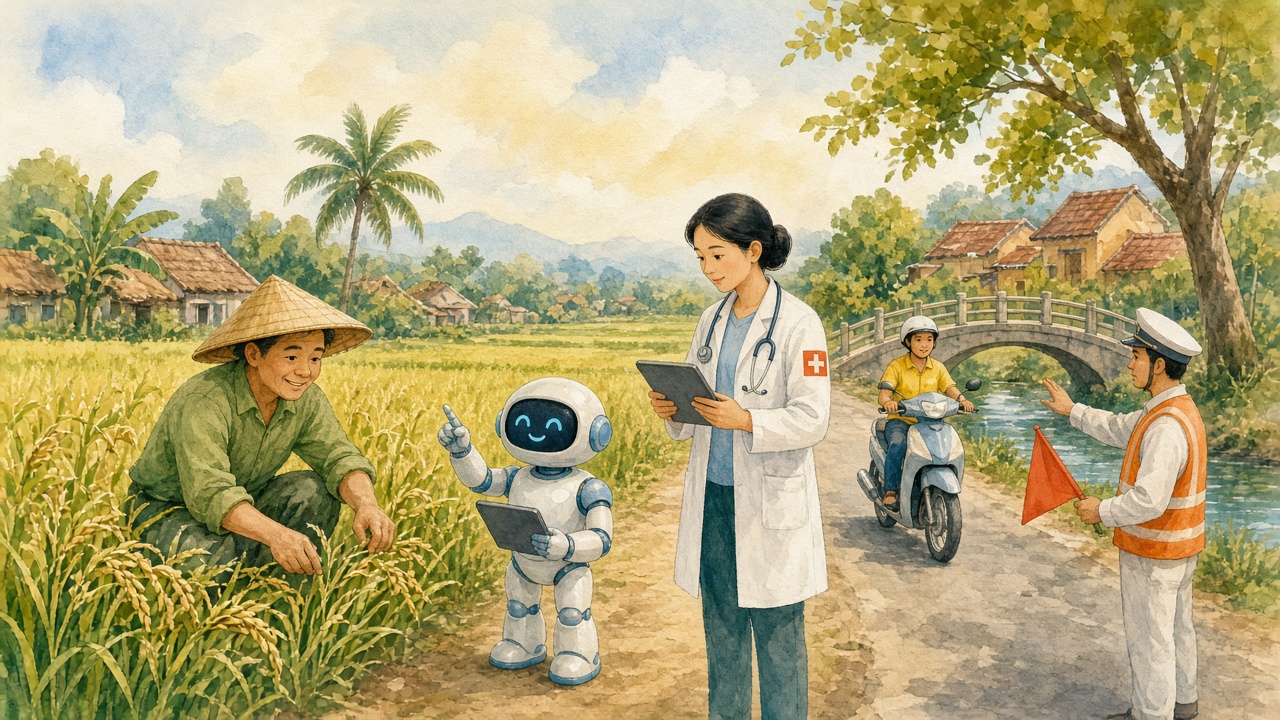 Nông dân, bác sĩ, người tham gia giao thông được máy hỗ trợ.
