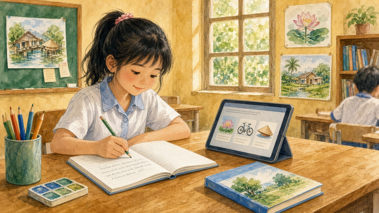 Em tự viết bài; máy chỉ gợi ý từ khó.