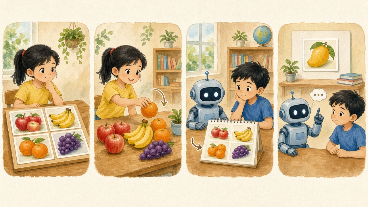 Bốn bước: đặt tên nhóm, đưa ảnh, cho máy học, thử ảnh mới.