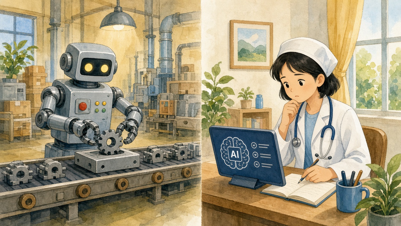 Robot nhà máy làm việc lặp; bác sĩ kiểm tra gợi ý AI.
