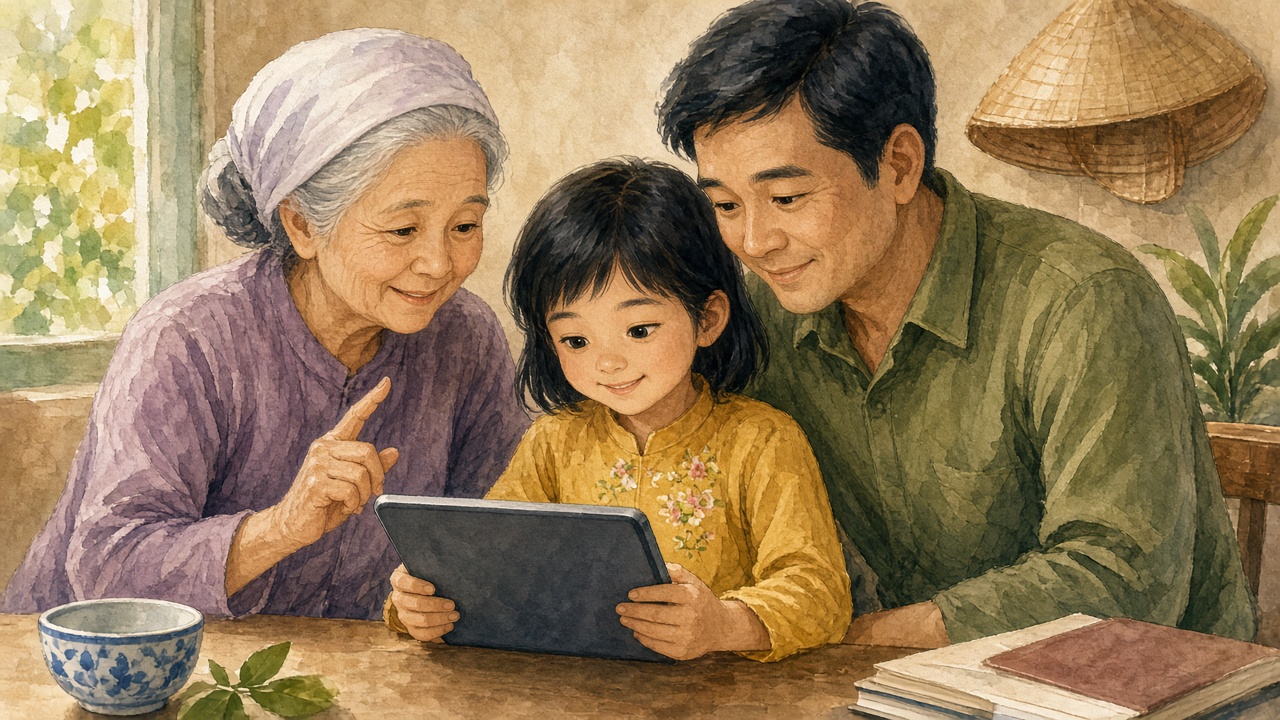 Ba thế hệ cùng học cách dùng máy an toàn.