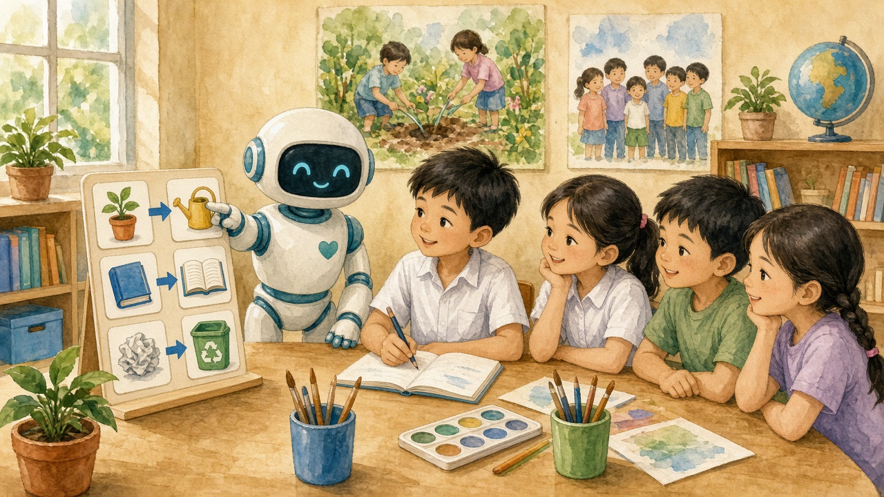 Robot lớp học chạy theo thẻ nếu–thì.