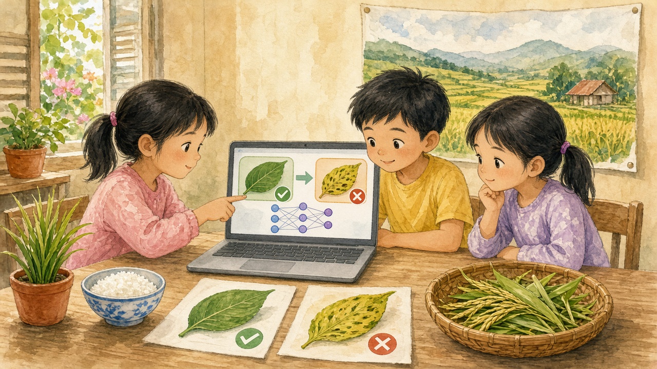 Học sinh dạy máy nhận lá khoẻ và lá sâu bằng ảnh mẫu.