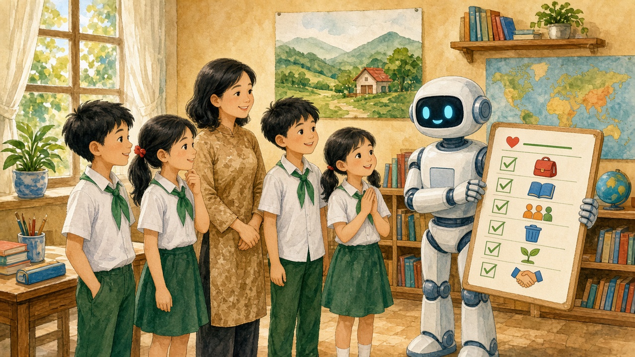 Học sinh và thầy cô đứng trước robot, cầm phiếu trách nhiệm.
