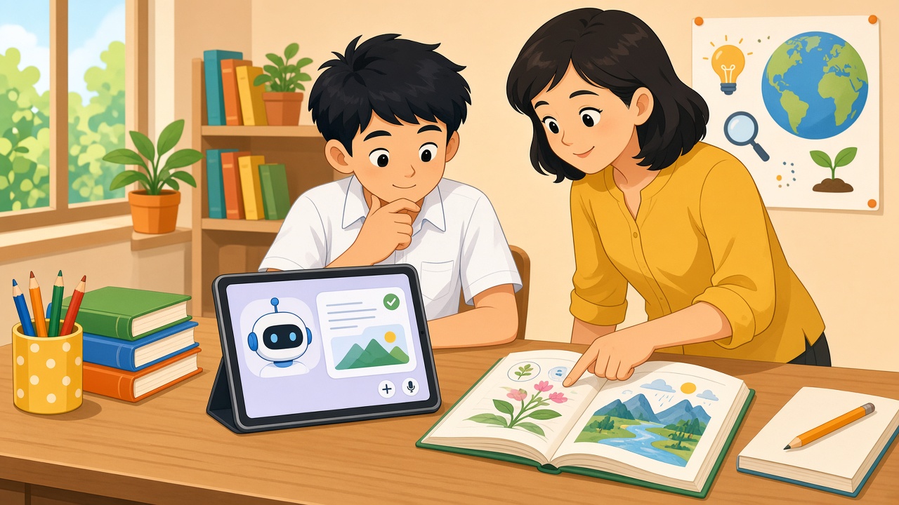 Học sinh đối chiếu câu trả lời của chatbot với sách giáo khoa, thầy cô đứng cạnh.