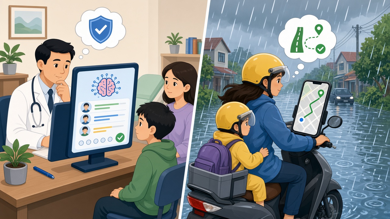 Bác sĩ xem gợi ý AI rồi quyết định; người đi xe máy cân nhắc đường tắt khi mưa ngập.