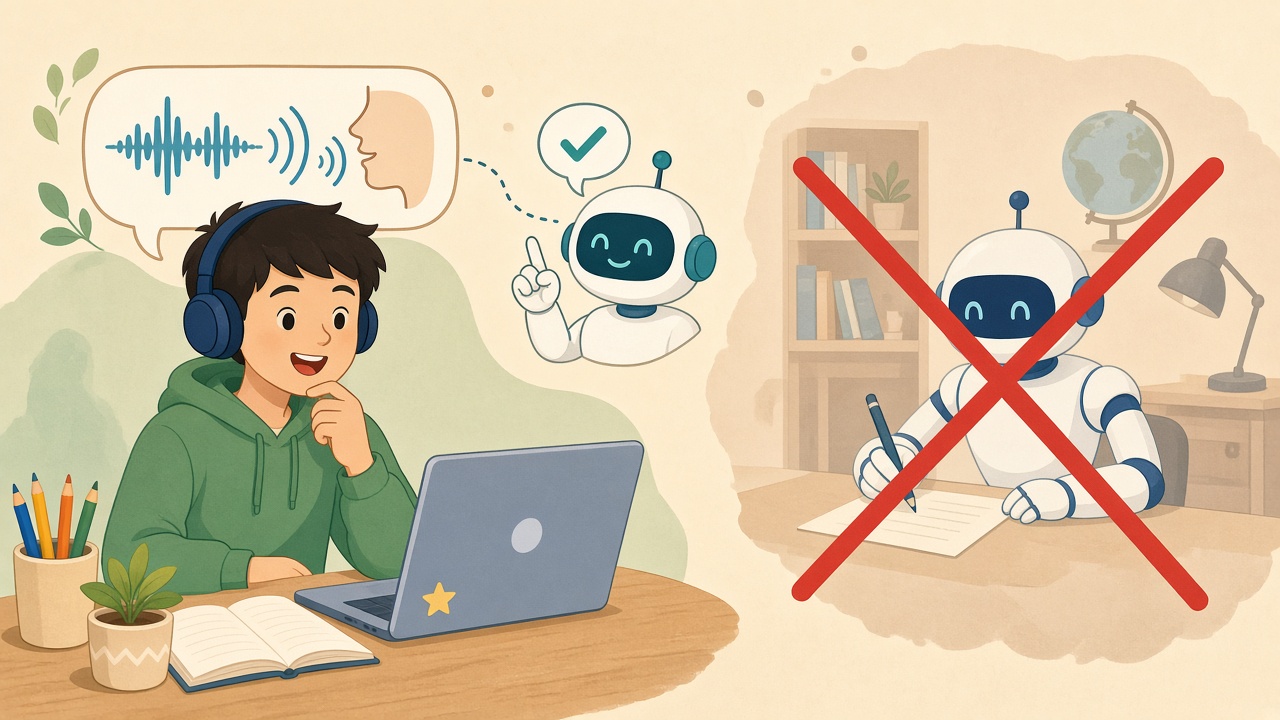 Học sinh luyện phát âm với AI; cảnh robot viết hộ bài văn bị gạch.