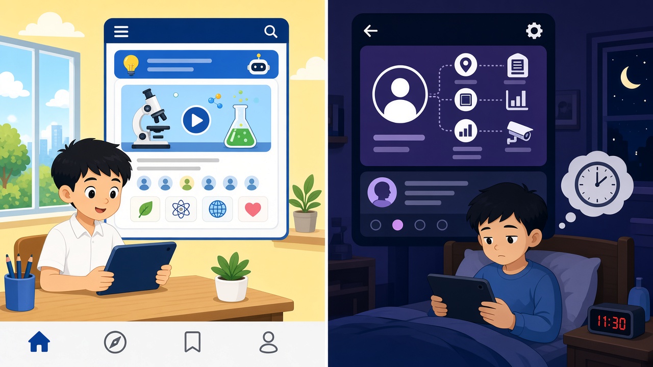 Một bên app gợi ý clip học hữu ích; một bên thu thập dữ liệu và xem quá giờ.