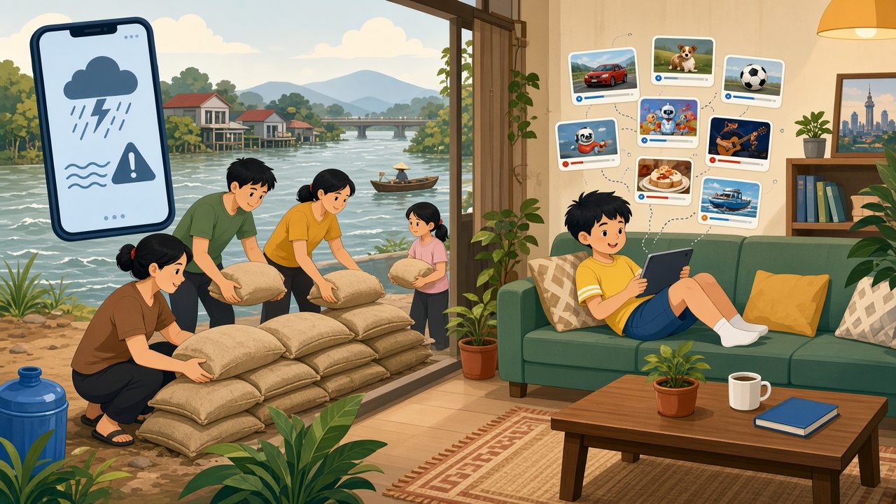 Gia đình nhận cảnh báo lũ trên điện thoại; em nhỏ xem video gợi ý quá giờ.