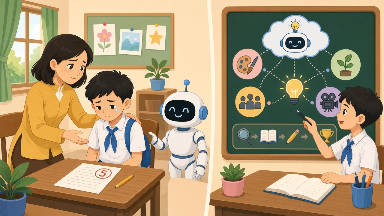 Thầy cô an ủi học sinh; robot chỉ đưa nụ cười máy. Học sinh chọn ý AI rồi tự hoàn thiện.