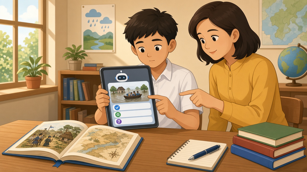 Học sinh đối chiếu câu trả lời chatbot với sách giáo khoa và thầy cô.