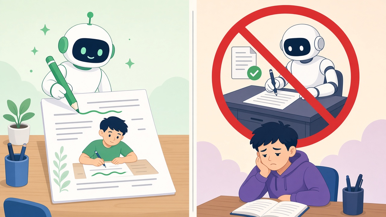 Trái: AI gạch lỗi chính tả. Phải: robot viết hộ cả bài bị gạch.