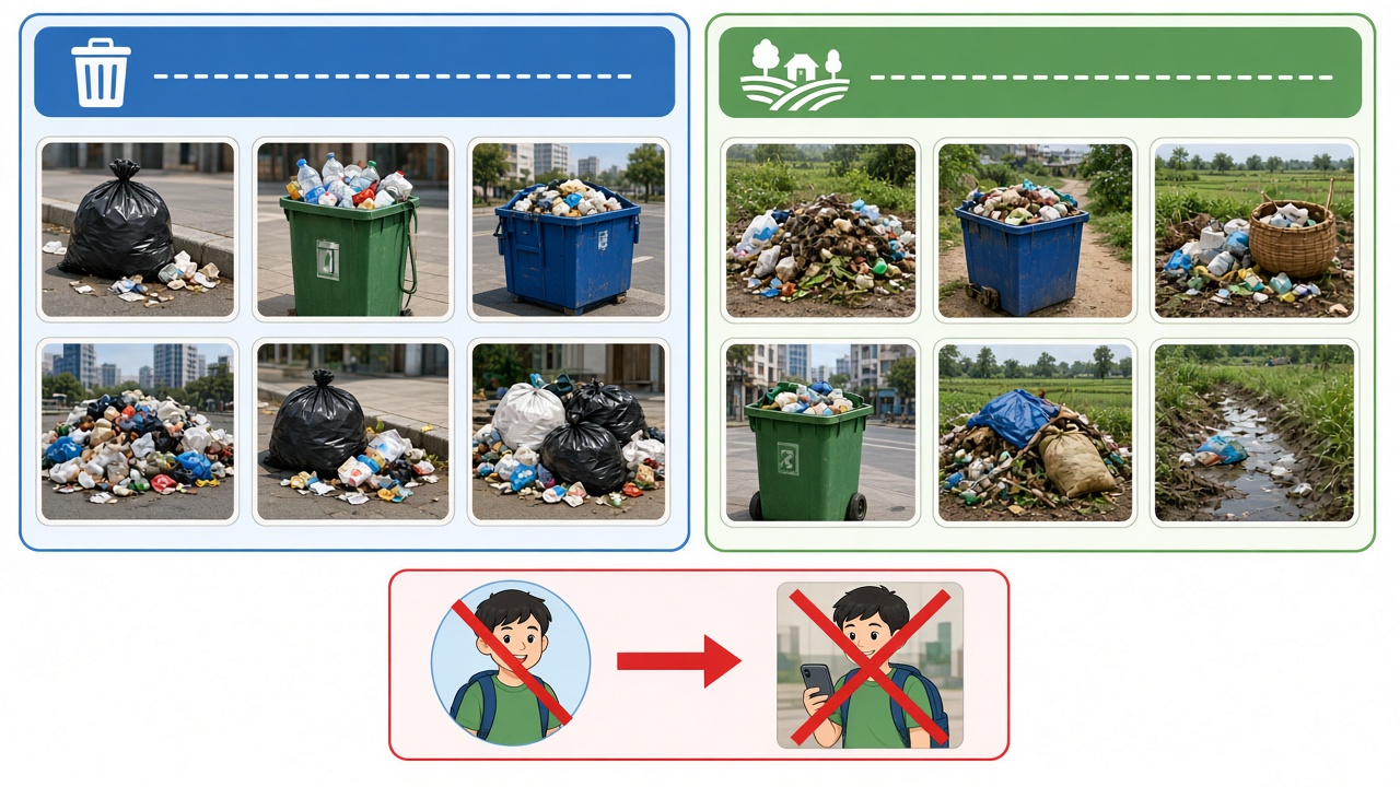 Bộ ảnh rác chỉ đô thị so với bộ ảnh đa dạng đô thị–nông thôn; không dùng ảnh học sinh khi chưa xin phép.
