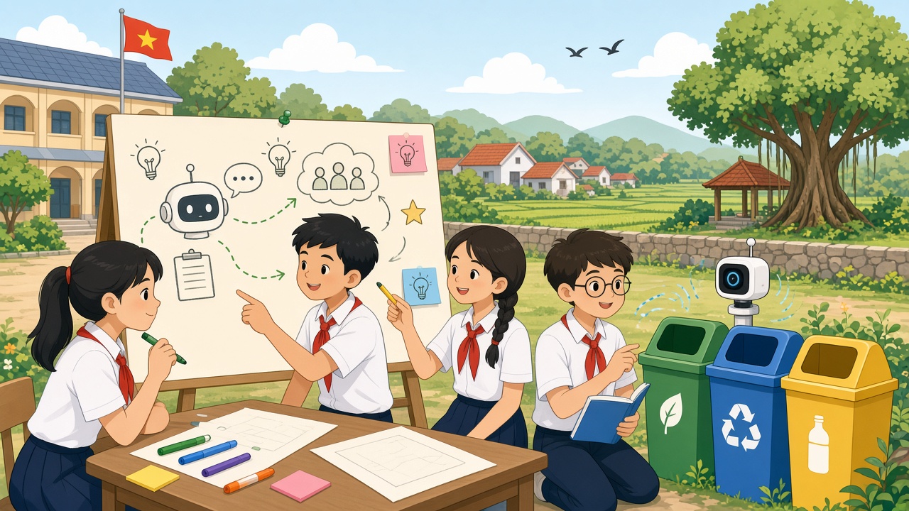 Học sinh phác ý tưởng chatbot nội quy và phân loại rác tái chế.
