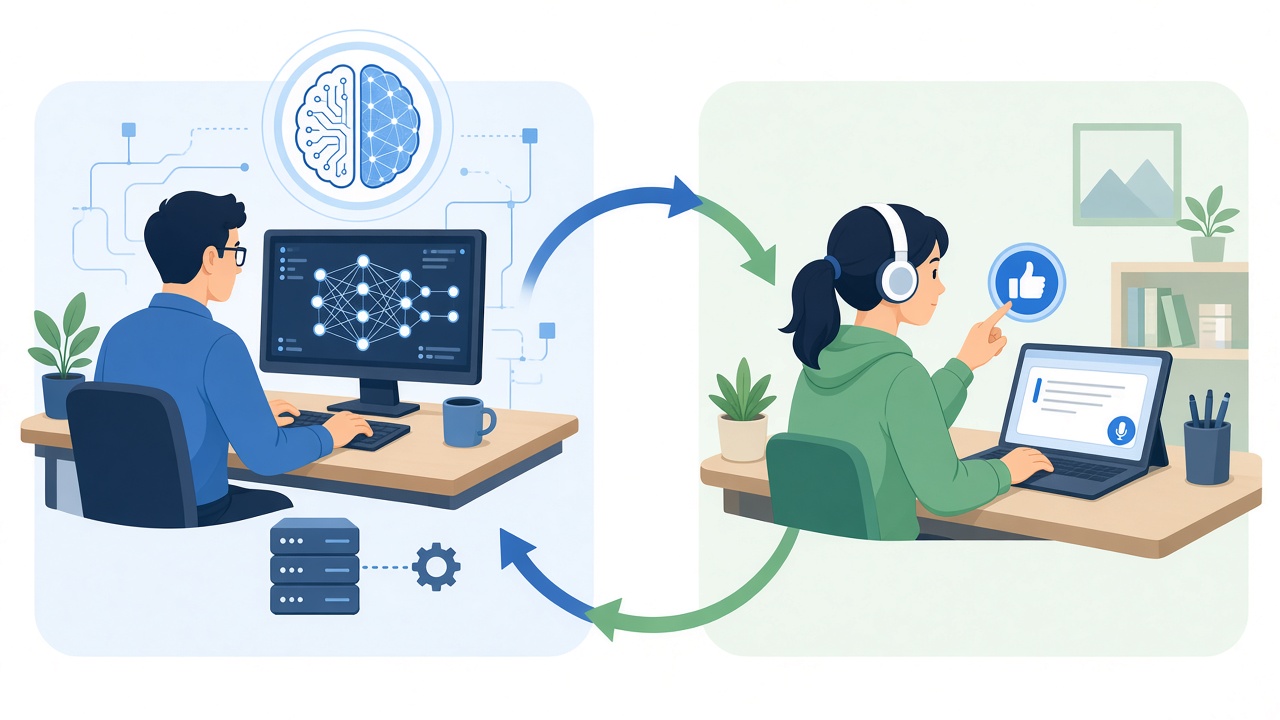 Người phát triển thiết kế AI; học sinh dùng và phản hồi; vòng lặp dữ liệu.