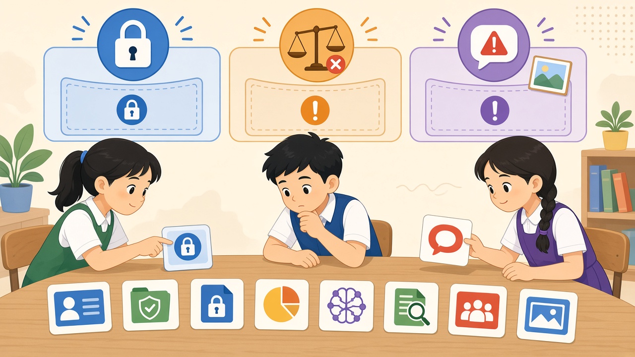 Ba nhóm rủi ro: riêng tư, thiên vị, giả mạo; học sinh xếp thẻ.