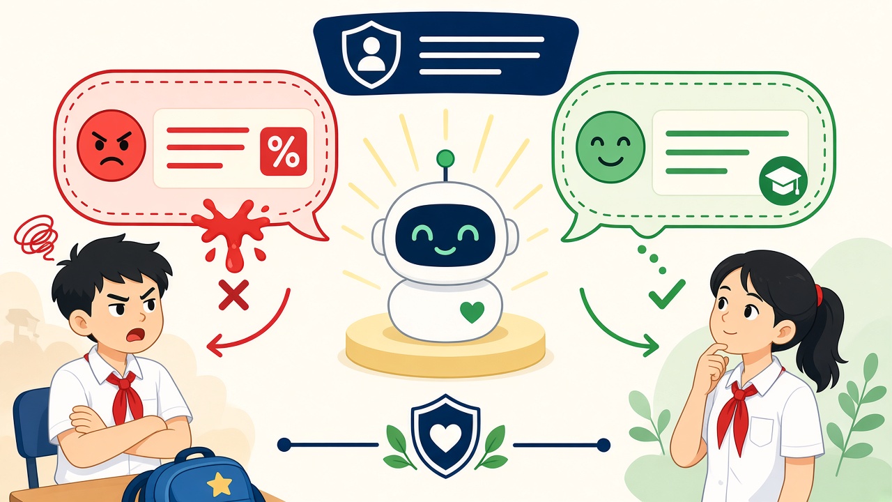 Chatbot nội quy: câu trả lời xúc phạm bị gạch; câu lịch sự chuyển thầy cô được giữ.