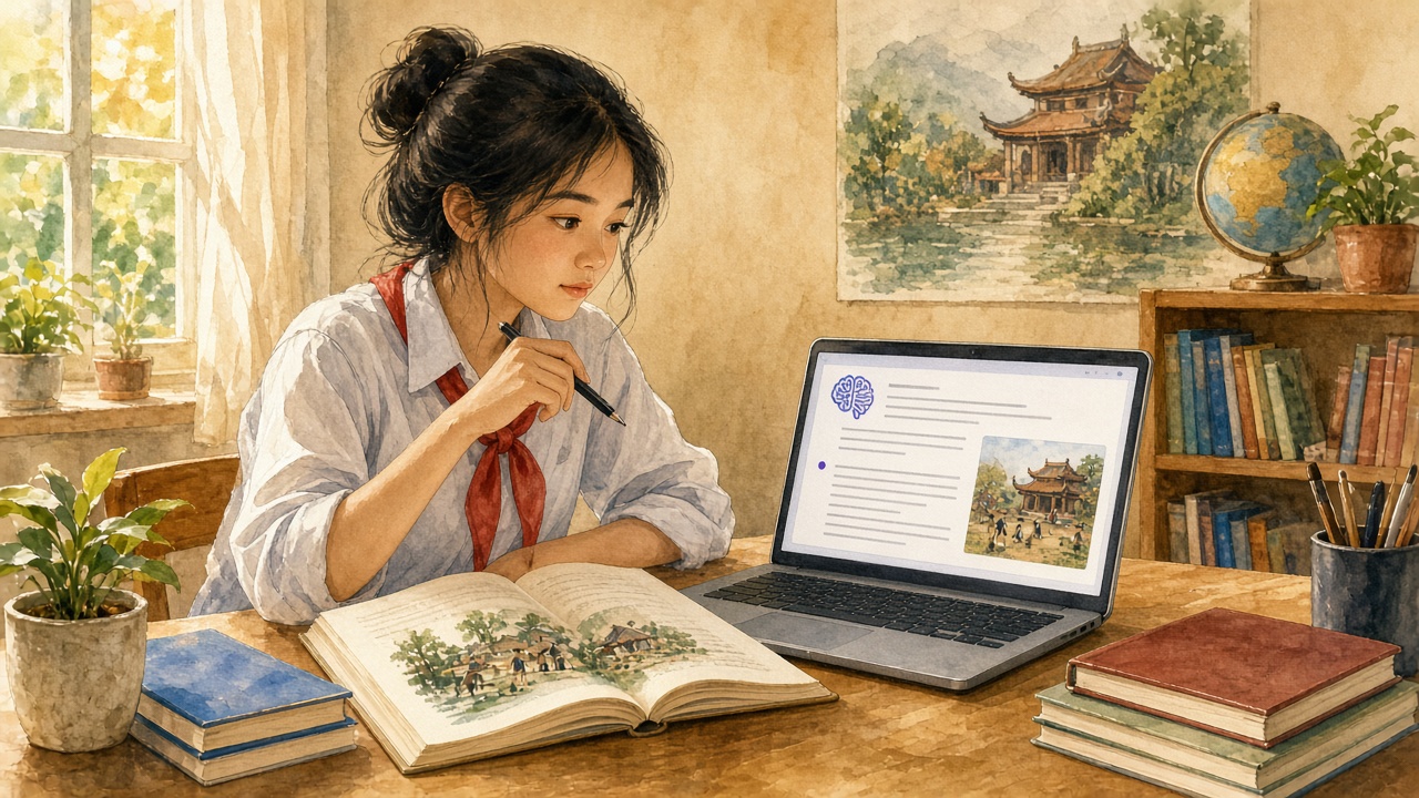 Học sinh đối chiếu bản tóm tắt AI với sách giáo khoa.